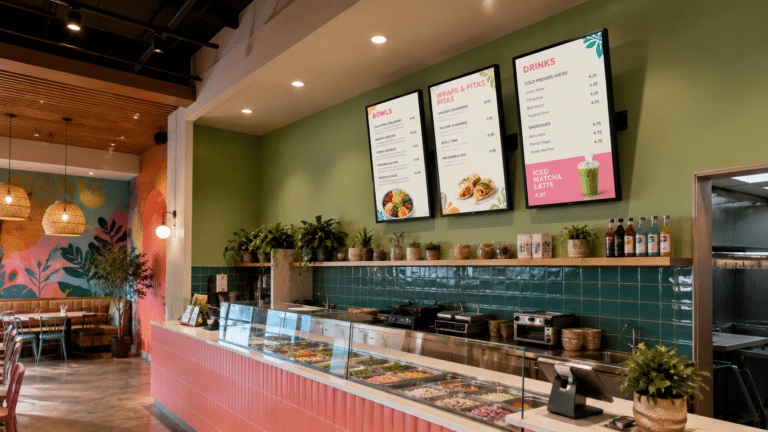 LG Digital Menu Screens in Mediterranean salad bowl shop LG Digital Menu Screens in Mediterranean salad bowl shop