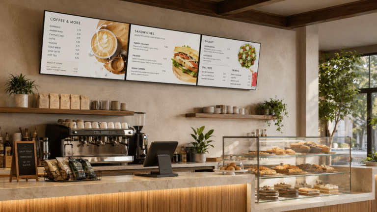 Modern cafe QSR with high end LG digital menu boards Modern cafe QSR with high end LG digital menu boards