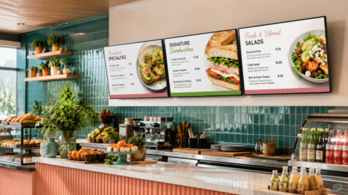 Modern deli with LG digital menu screens Modern deli with LG digital menu screens