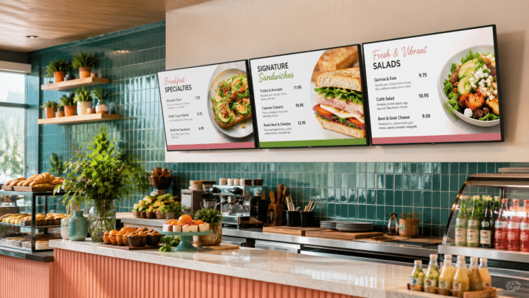 Modern deli with LG digital menu screens Modern deli with LG digital menu screens