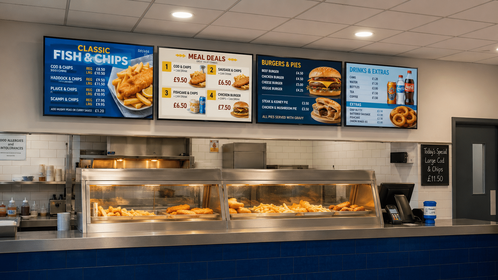 Samsung Digital Menu Screens for above a Classic Fish and Chips Counter