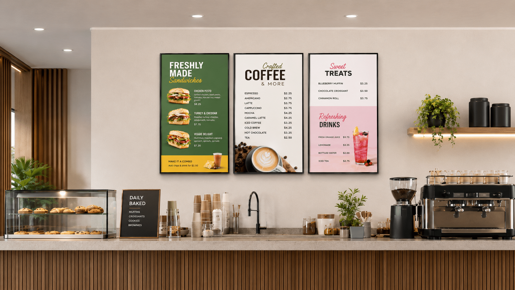 Samsung Digital Menu Screens for behind a stylish café counter