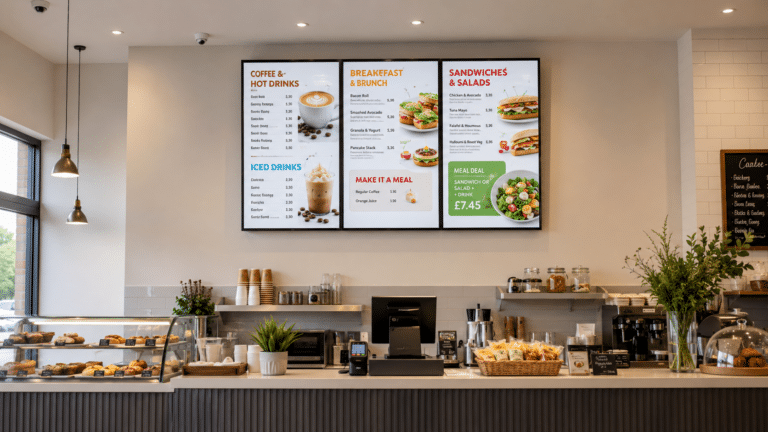 iiyama digital menu boards installed high above a modern café counter with portrait menu screens iiyama digital menu boards installed high above a modern café counter with portrait menu screens