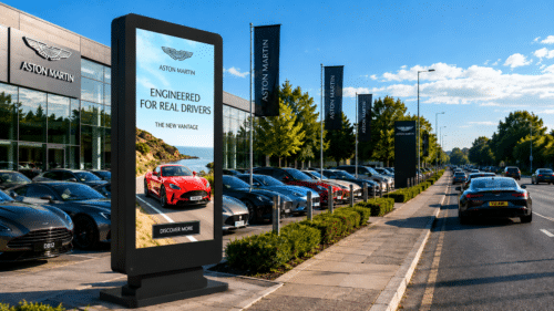 Elite Freestanding digital signage screen for Aston Martin car showroom forecourt