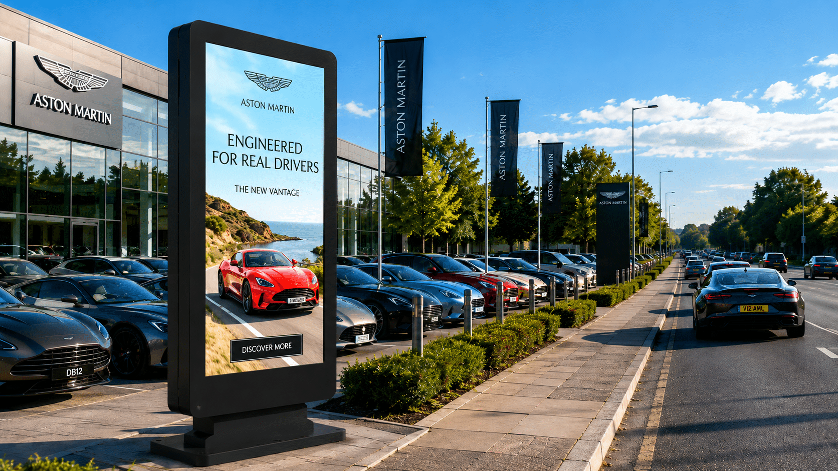 Elite Freestanding digital signage screen for Aston Martin car showroom forecourt