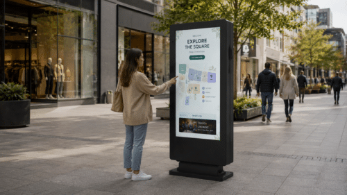 Elite Freestanding digital signage screen in Shopping Plaza