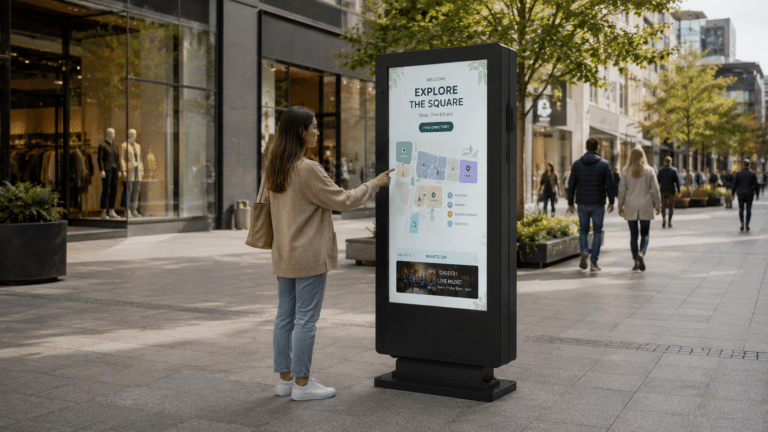 Elite Freestanding digital signage screen in Shopping Plaza