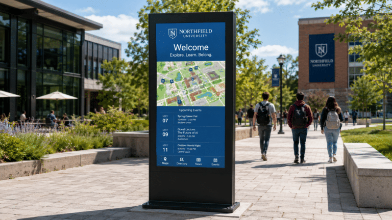 Outdoor digital totem screen as Northfield University Welcome Kiosk