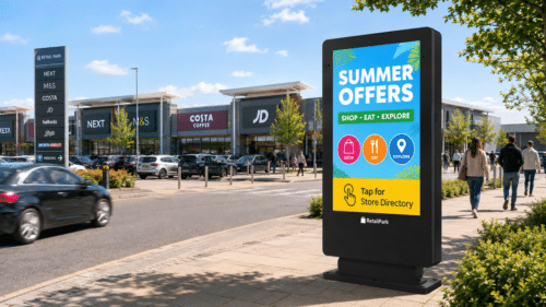 Outdoor digital totem screen in Retail Park advertising Summer Offers