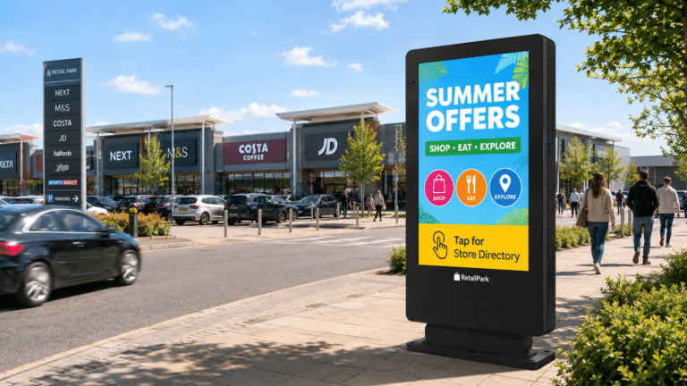 Outdoor digital totem screen in Retail Park advertising Summer Offers