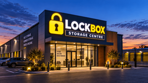 Illuminated padlock-shaped flex face logo sign for self-storage centre