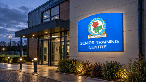Illuminated shaped flex face sign for Blackburn Rovers Senior Training Centre